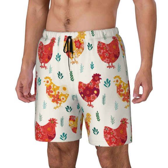 Sikiie Flower Chicken Print Men's Double Layer Swimming Trunks, Adjustable Waistband and Pockets Sports Swimming Trunks, Beach Swimwear-XX-Large