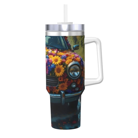 Sikiie Flower Covered Vintage Car Insulated Stainless Water Bottle Lid Travel Mug Cup Insulated Tumblers Cup 40oz Ice Bully With Handle