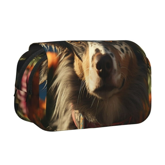 Sikiie Flower Crown Dog Print Flip Double-layer Pencil Case, All-purpose Stationery Bag for Study and Office, Zipper Design, Unisex
