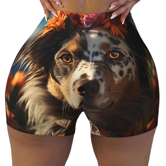 Sikiie Flower Crown Dog Print Workout Shorts Women Scrunch Butt Gym Shorts Seamless High Waist Tummy Control Yoga Biker Athletic Shorts