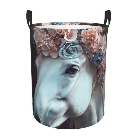 Sikiie Flower Crown White Horse Print Round Dirty Clothes Basket, Waterproof Standing Foldable Storage Basket, for Laundry Room, Bedroom, Bathroom Storage-Small