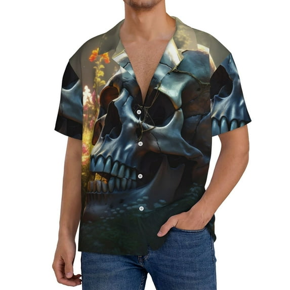 Sikiie Flower Field Skull Men's Wrinkle Free Untucked Cuban Shirt Business Casual Button Down Shirts Short Sleeve ShirtX-Large