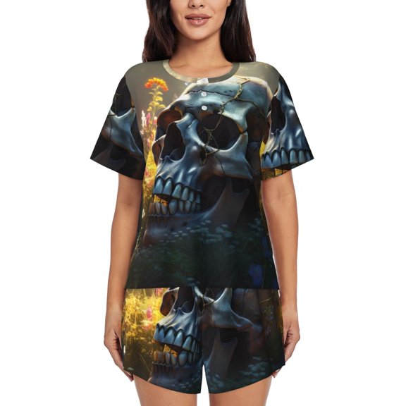 Sikiie Flower Field Skull Womens Pajama Sets Short Sleeve Top With Pants Sleepwear 2 Piece Lounge SetMedium