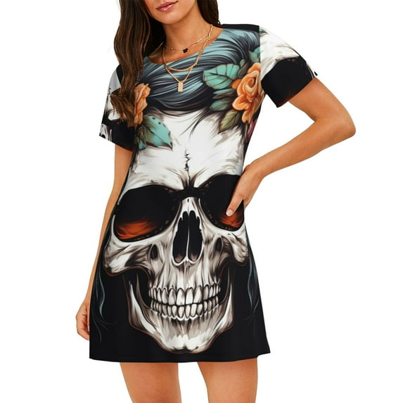 Sikiie Flower Horn Skull Print Women's Short-sleeved Nightdress, Round Neck Pullover Nightdress Pajamas Summer Home Wear