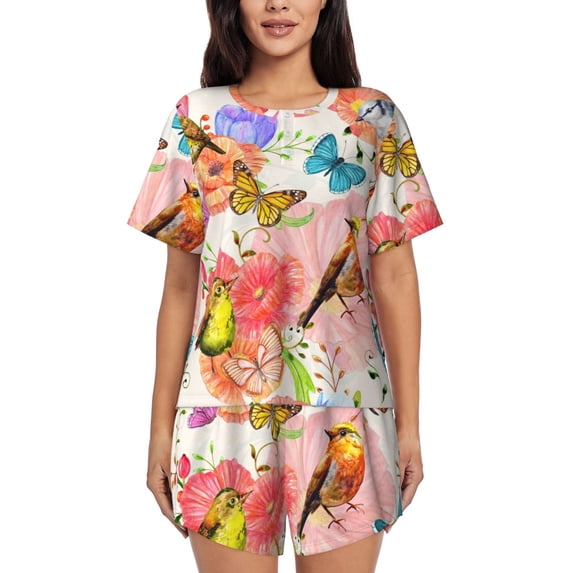 Sikiie Flowers And Birds Watercolor Womens Pajama Sets Short Sleeve Top With Pants Sleepwear 2 Piece Lounge Set4X-Large