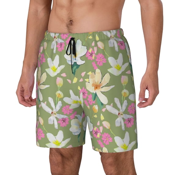 Sikiie Flowers And Buds Print Men's Double Layer Swimming Trunks, Adjustable Waistband and Pockets Sports Swimming Trunks, Beach Swimwear-3X-Large