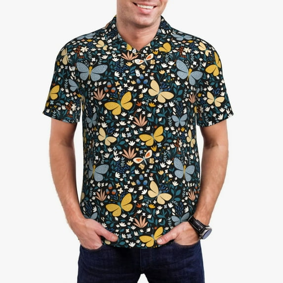 Sikiie Flowers Butterfly Print Men's Short-sleeved POLO Shirts, Button-down Shirts and T-shirts are Suitable for Vacation, Leisure and Business-4X-Large