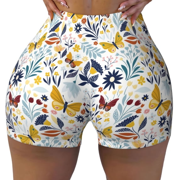 Sikiie Flowers Butterfly Print Workout Shorts Women Scrunch Butt Gym Shorts Seamless High Waist Tummy Control Yoga Biker Athletic Shorts