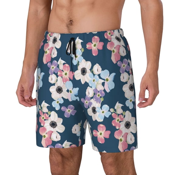 Sikiie Flowers Print Men's Double Layer Swimming Trunks, Adjustable Waistband and Pockets Sports Swimming Trunks, Beach Swimwear-Large