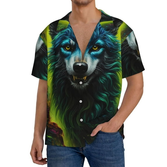 Sikiie Fluorescent Wolf Men's Wrinkle Free Untucked Cuban Shirt Business Casual Button Down Shirts Short Sleeve ShirtXX-Large