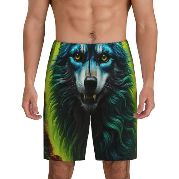 Sikiie Fluorescent Wolf Mens Pajama Shorts, Lightweight Lounge Pant with Pockets Soft Sleep Pj Shorts for MenXX-Large