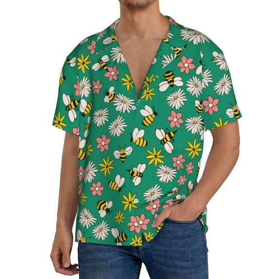 Sikiie Flying Bees Men's Wrinkle Free Untucked Cuban Shirt Business Casual Button Down Shirts Short Sleeve Shirt3X-Large