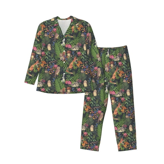 Sikiie Forest Animals And Plants Mens Pajama Set, Soft Warm Long Sleeve Sleepwear, Cozy Button-Down Pjs for Men-Large