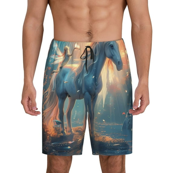 Sikiie Forest Lake White Horse Mens Pajama Shorts, Lightweight Lounge Pant with Pockets Soft Sleep Pj Shorts for MenXX-Large
