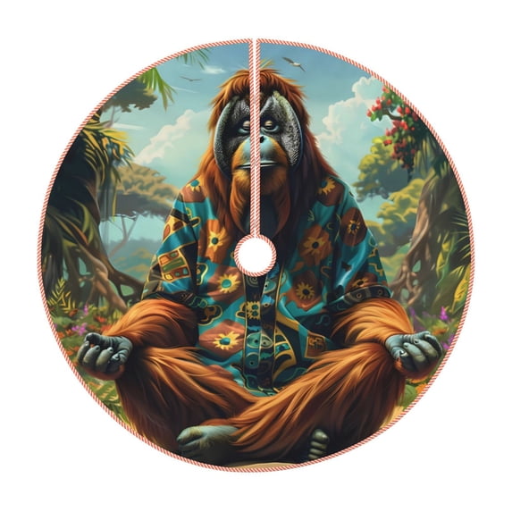 Sikiie Forest Meditating Gorilla Nativity Christmas Tree Skirt, Jesus Christian Winter Holiday Tree Mat Decoration(30-48IN)36"
