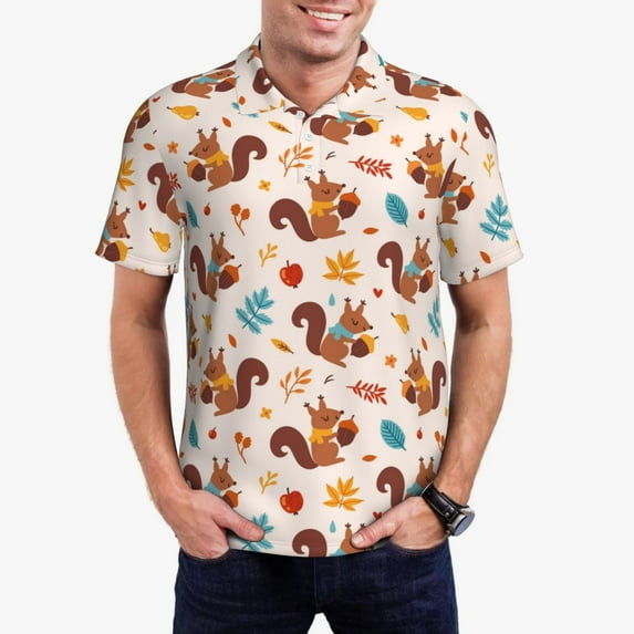 Sikiie Forest Squirrel Nuts Print Men's Short-sleeved POLO Shirts, Button-down Shirts and T-shirts are Suitable for Vacation, Leisure and Business-Small