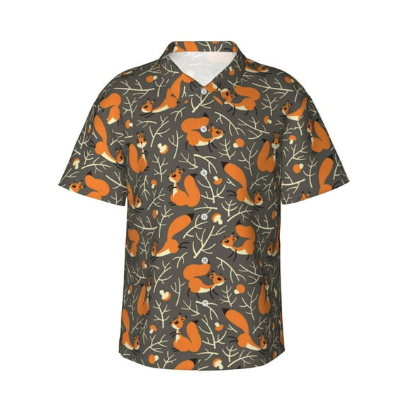 Sikiie Fox And Mushroom Print Men's Hawaiian Shirt, Summer Beach Button Pocket Short Sleeve T-Shirt,3X-Large