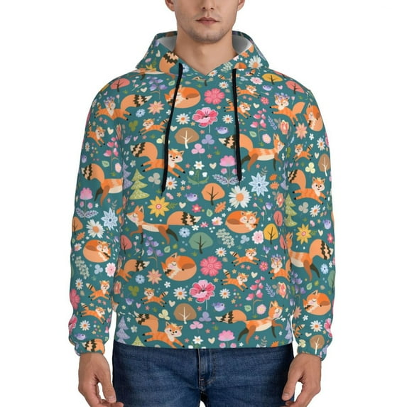 Sikiie Foxes and Birds in Forest Men's Hoodie, Essentials Hoodie, Sweatshirt, Pullover Hooded Sweatshirt for Men-Large