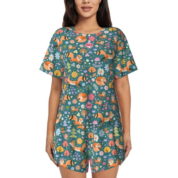 Sikiie Foxes and Birds in Forest Womens Pajama Sets Short Sleeve Top With Pants Sleepwear 2 Piece Lounge SetX-Large