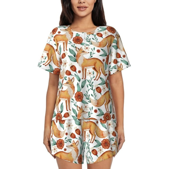 Sikiie Foxes and Floral Harmony Womens Pajama Sets Short Sleeve Top With Pants Sleepwear 2 Piece Lounge Set-XX-Large