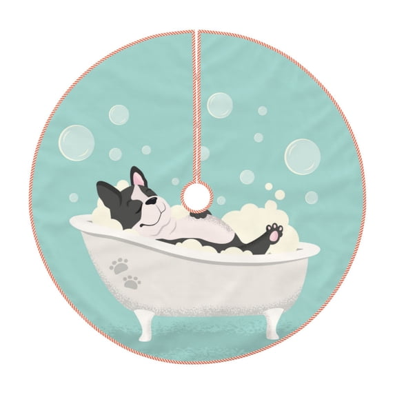 Sikiie French Bulldog Taking a Bath Nativity Christmas Tree Skirt, Jesus Christian Winter Holiday Tree Mat Decoration(30-48IN)36"