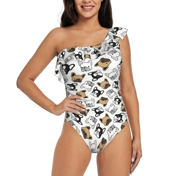 Sikiie French Bulldog3 Print Women One Piece Swimsuits Tummy Control One Shoulder Bathing Suits Ruffle Swimwear, From S to XXL-XX-Large