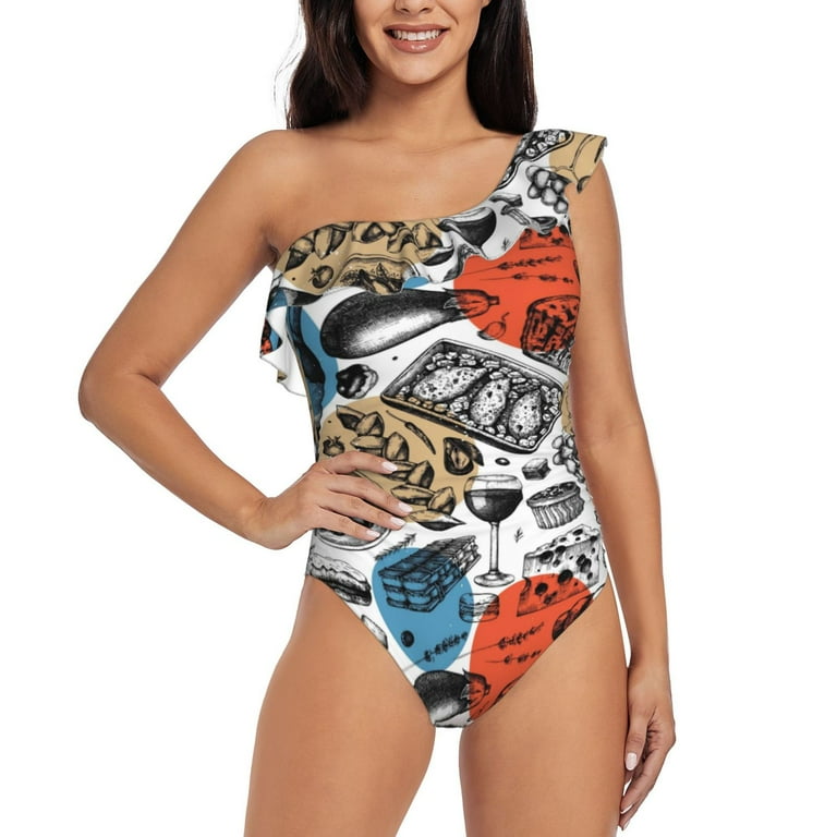 Sikiie French Food Print Women One Piece Swimsuits Tummy Control