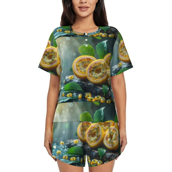 Sikiie Fresh Passion Fruit Still Life Womens Pajama Sets Short Sleeve Top With Pants Sleepwear 2 Piece Lounge Set-XX-Large