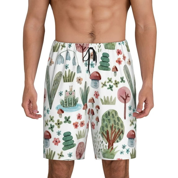 Sikiie Frog and Forest Plants Mens Pajama Shorts, Lightweight Lounge Pant with Pockets Soft Sleep Pj Shorts for MenX-Large