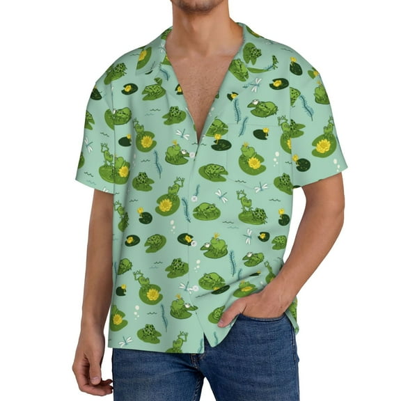 Sikiie Froggs In The Lake Men's Cuban Shirt, Hawaiian Shirts, Business Casual Button Down Shirts, Short Sleeve Shirt-X-Large