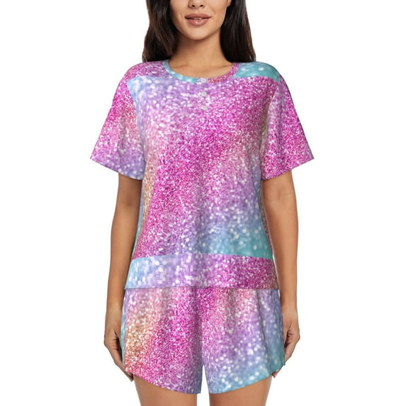 Sikiie Fun Rainbow Pink Womens Pajama Sets Short Sleeve Top With Pants Sleepwear 2 Piece Lounge SetSmall