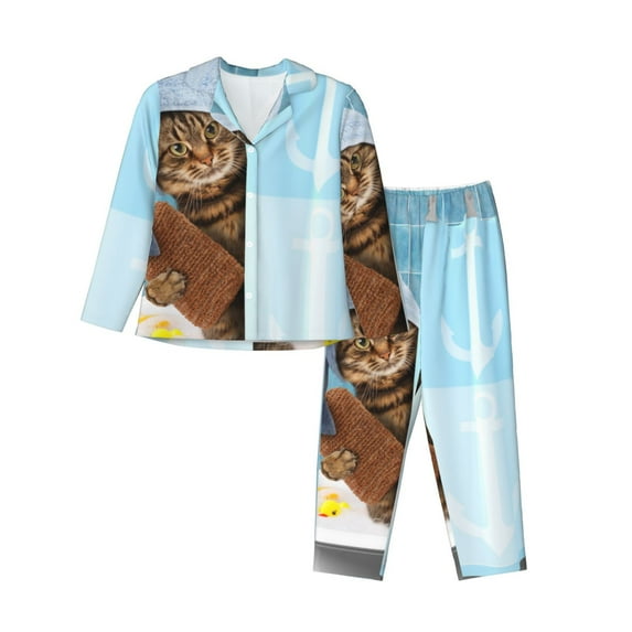 Sikiie Funny Cat Taking a Bath Women's Long-Sleeve Shirt and Full-Length Bottom Pajama Set (s-xxl)-Medium