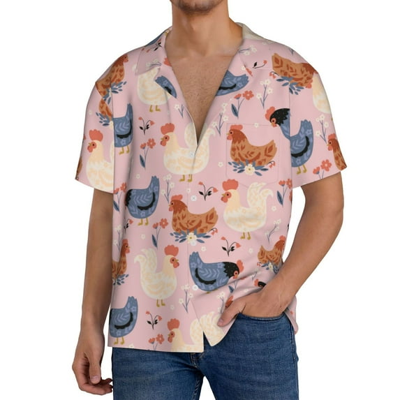 Sikiie Funny Chicken Men's Wrinkle Free Untucked Cuban Shirt Business Casual Button Down Shirts Short Sleeve Shirt4X-Large