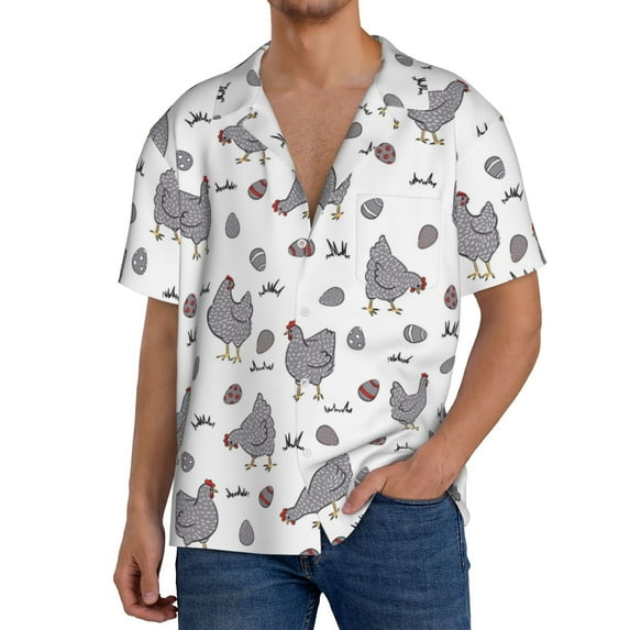 Sikiie Funny Chicken Men's Wrinkle Free Untucked Cuban Shirt Business Casual Button Down Shirts Short Sleeve ShirtLarge
