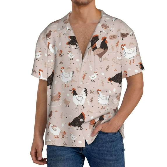 Sikiie Funny Chicken Men's Wrinkle Free Untucked Cuban Shirt Business Casual Button Down Shirts Short Sleeve ShirtMedium