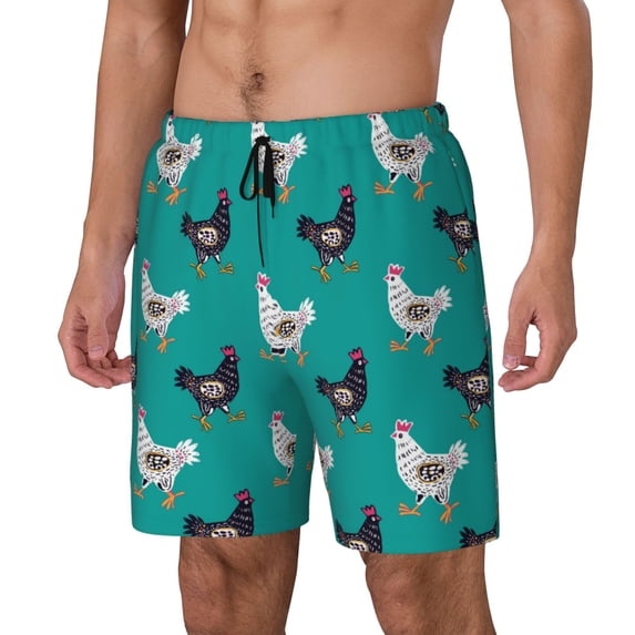 Sikiie Funny Chicken Print Men's Double Layer Swimming Trunks, Adjustable Waistband and Pockets Sports Swimming Trunks, Beach Swimwear-3X-Large