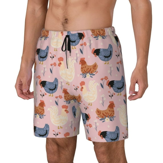 Sikiie Funny Chicken Print Men's Double Layer Swimming Trunks, Adjustable Waistband and Pockets Sports Swimming Trunks, Beach Swimwear-Small