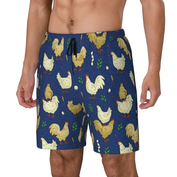 Sikiie Funny Chicken Print Men's Double Layer Swimming Trunks, Adjustable Waistband and Pockets Sports Swimming Trunks, Beach Swimwear-XX-Large