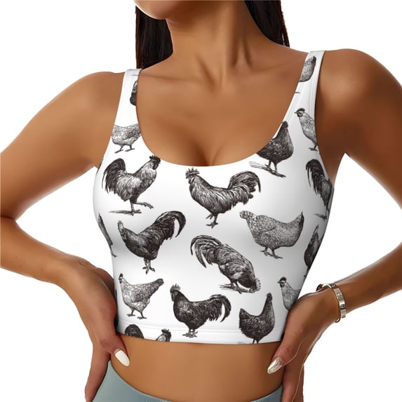 Sikiie Funny Chicken Print Strappy Sports Bra for Women Padded Push Up Sports Bra Athletic Running Sports Bra Workout Bra Yoga Bra