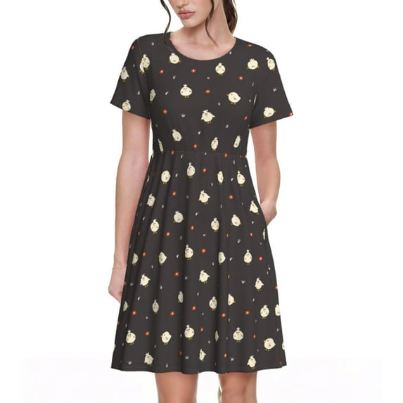Sikiie Funny Chicken Print Women's Short-sleeved Dress, Round Neck Slim Knee-length Dress, Summer Clothing Suitable for Daily Leisure and Vacation
