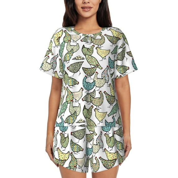 Sikiie Funny Chicken Womens Pajama Sets Short Sleeve Top With Pants Sleepwear 2 Piece Lounge SetMedium