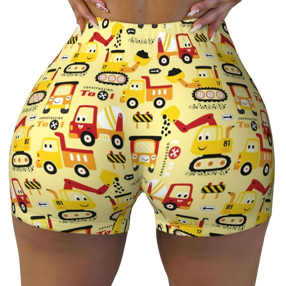 Sikiie Funny Construction Vehicles Print Workout Shorts Women Scrunch Butt Gym Shorts Seamless High Waist Tummy Control Yoga Biker Athletic Shorts