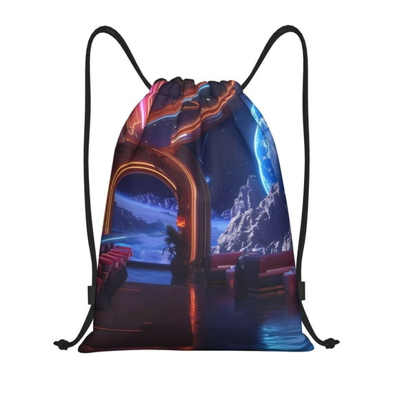 Sikiie Futuristic Bar Space View Drawstring Backpack Drawstring Bags, Draw String Back Bag for Sports, Gym, Travel, Swimming, Beach-Medium