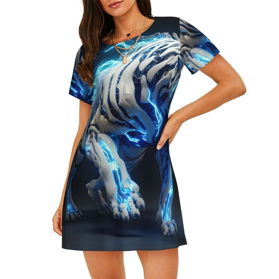 Sikiie Futuristic Blue Light White Tiger Print Women's Short-sleeved Nightdress, Round Neck Pullover Nightdress Pajamas Summer Home Wear