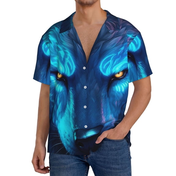 Sikiie Futuristic Blue Light Wolf Men's Wrinkle Free Untucked Cuban Shirt Business Casual Button Down Shirts Short Sleeve Shirt3X-Large