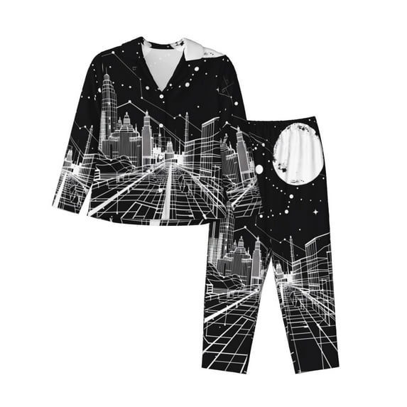 Sikiie Futuristic Moonlit Cityscape Pajamas for Women Set, Womens Pajama Sets, Lounge Sets for Women, 2pjs for Women-Small