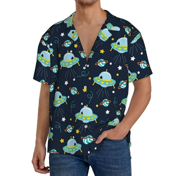 Sikiie Galaxy With Ufo Men's Wrinkle Free Untucked Cuban Shirt Business Casual Button Down Shirts Short Sleeve Shirt3X-Large