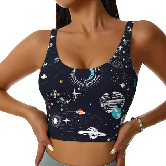 Sikiie Galaxy2 Print Strappy Sports Bra for Women Padded Push Up Sports Bra Athletic Running Sports Bra Workout Bra Yoga Bra