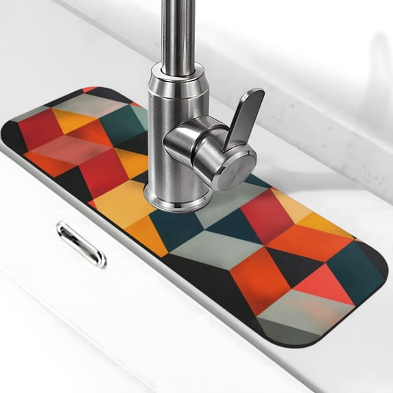 Sikiie Geometric Cube Pattern Art Splash Guard for Sink Faucet-1 PC Super Absorbent Fast Drying Mat Sink Gadgets-Splash Guard for Kitchen, Sink Mat
