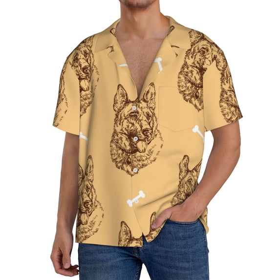 Sikiie German Shepherd Dog Men's Wrinkle Free Untucked Cuban Shirt Business Casual Button Down Shirts Short Sleeve ShirtLarge